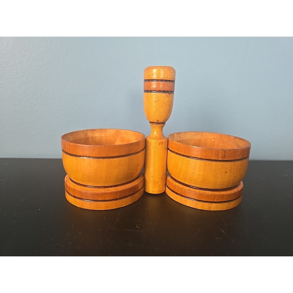 Vintage Wood Salt Pepper Spice Holder Hand Turned Wood Primitive